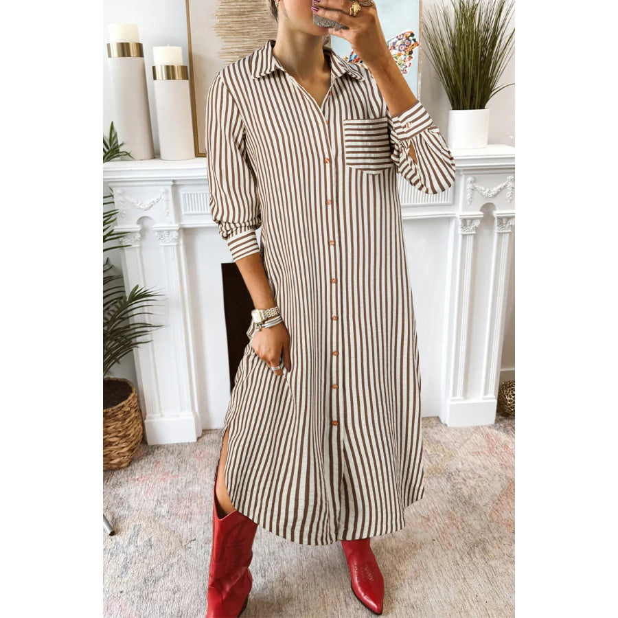 Brown Stripe Textured 3/4 Sleeve Round Hem Split Midi Shirt Dress Brown Stripe / S / 50% Polyester + 50% Viscose Dresses/Midi Dresses
