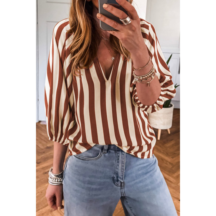 Brown Stripe V Neck Half Sleeve Casual Blouse Brown Stripe / S Tops/Blouses & Shirts