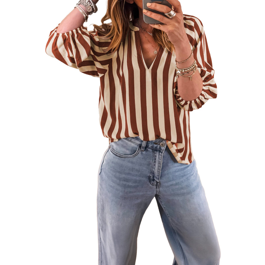 Brown Stripe V Neck Half Sleeve Casual Blouse Tops/Blouses & Shirts