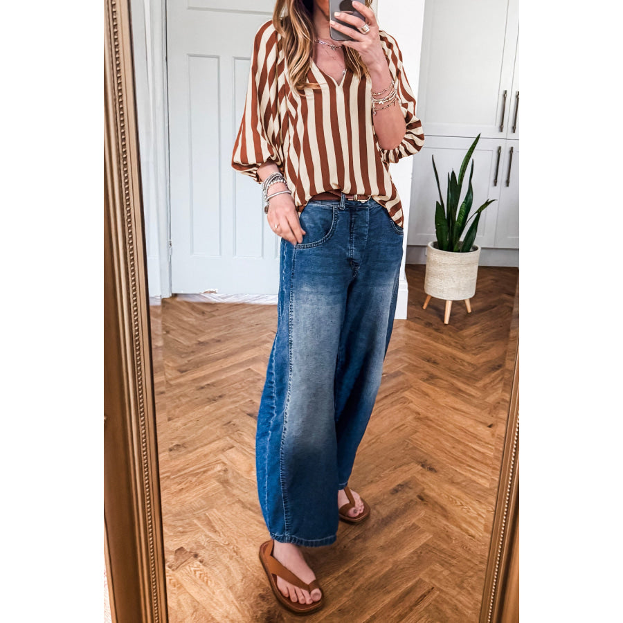 Brown Stripe V Neck Half Sleeve Casual Blouse Tops/Blouses & Shirts