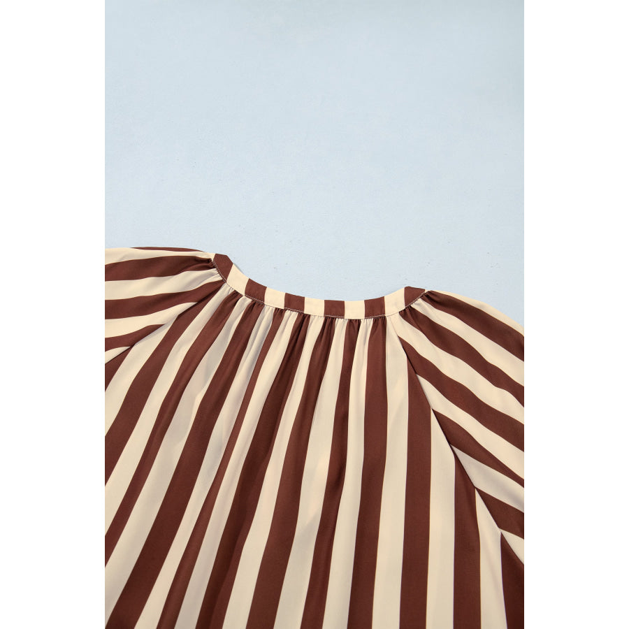 Brown Stripe V Neck Half Sleeve Casual Blouse Tops/Blouses & Shirts