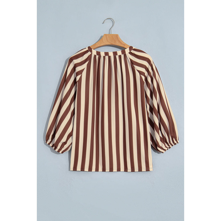 Brown Stripe V Neck Half Sleeve Casual Blouse Tops/Blouses & Shirts