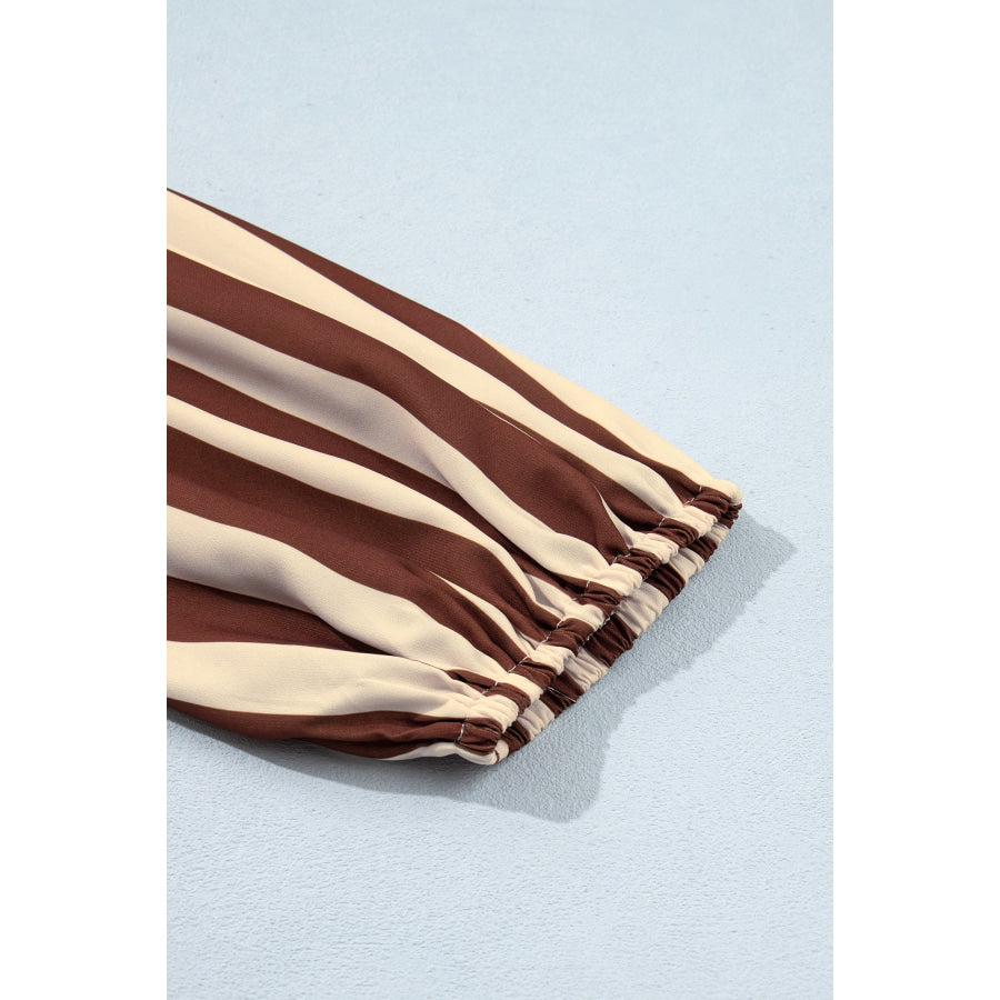 Brown Stripe V Neck Half Sleeve Casual Blouse Tops/Blouses & Shirts