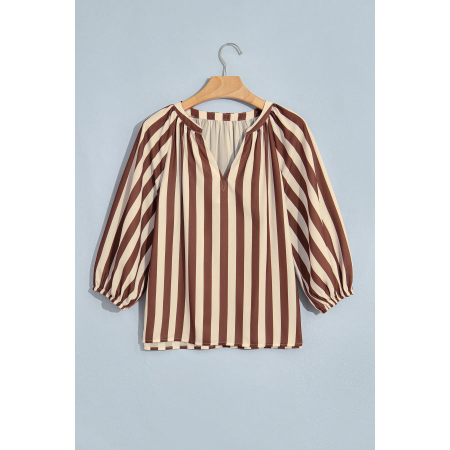Brown Stripe V Neck Half Sleeve Casual Blouse Tops/Blouses & Shirts