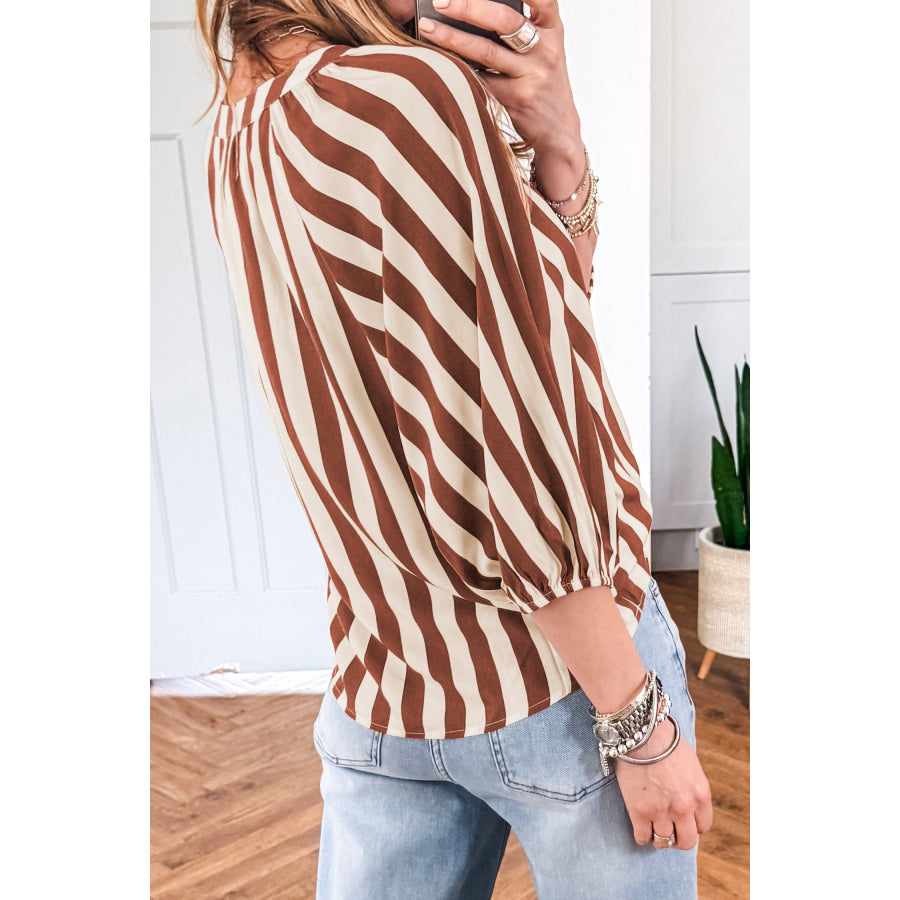 Brown Stripe V Neck Half Sleeve Casual Blouse Brown Stripe / S Tops/Blouses & Shirts