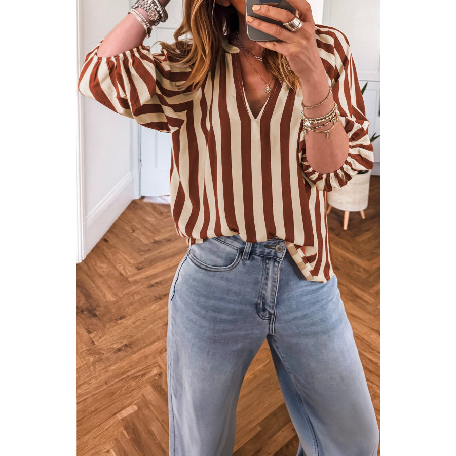 Brown Stripe V Neck Half Sleeve Casual Blouse Tops/Blouses & Shirts