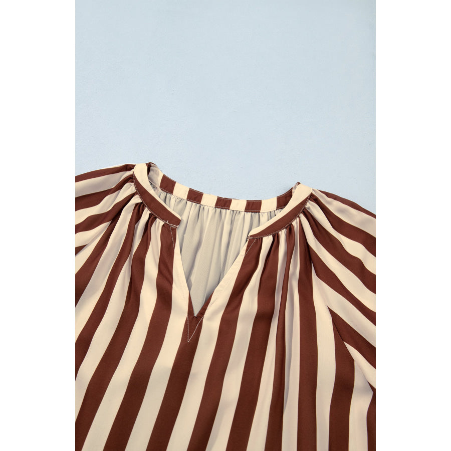Brown Stripe V Neck Half Sleeve Casual Blouse Tops/Blouses & Shirts