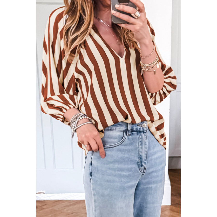 Brown Stripe V Neck Half Sleeve Casual Blouse Tops/Blouses & Shirts