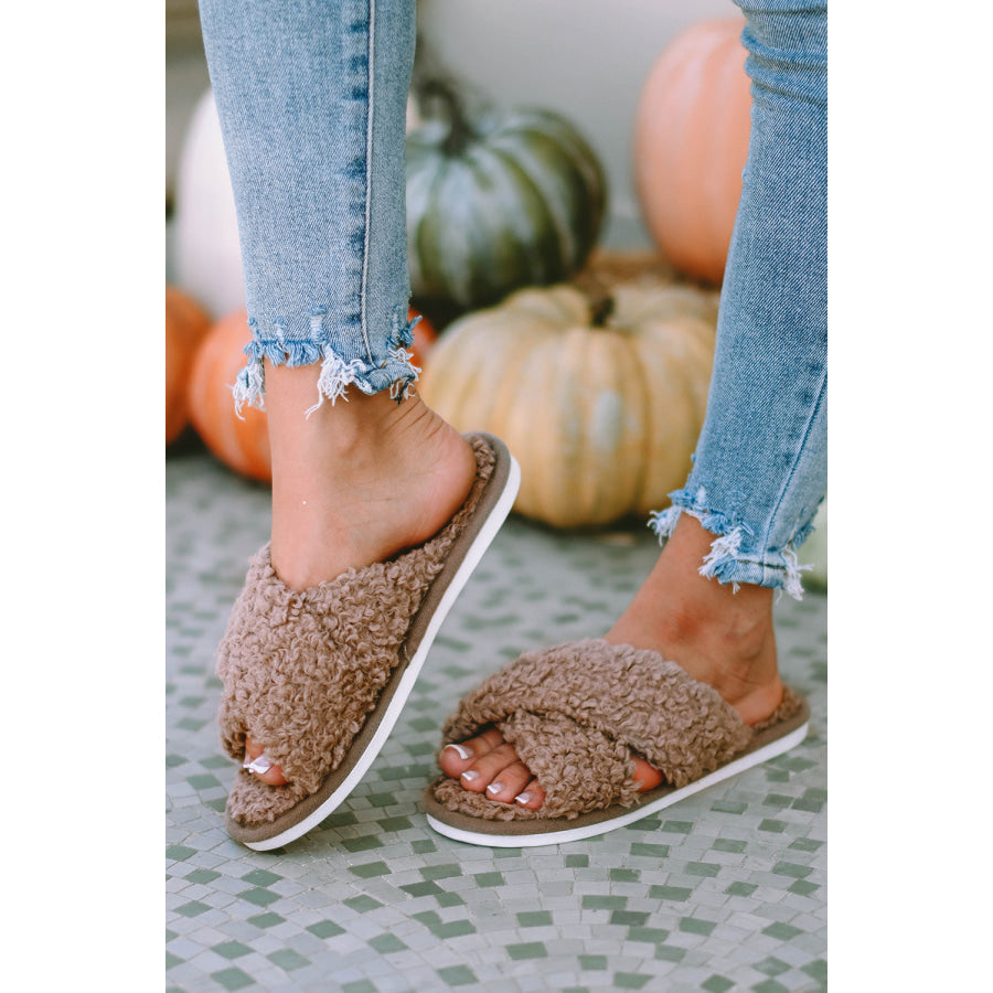 Brown Teddy Fur Cross Straps Home Slippers Brown / 37 / 68.2% Cotton + 27.8% Polyester + 4% Spandex Shoes &amp; Bags/Slippers