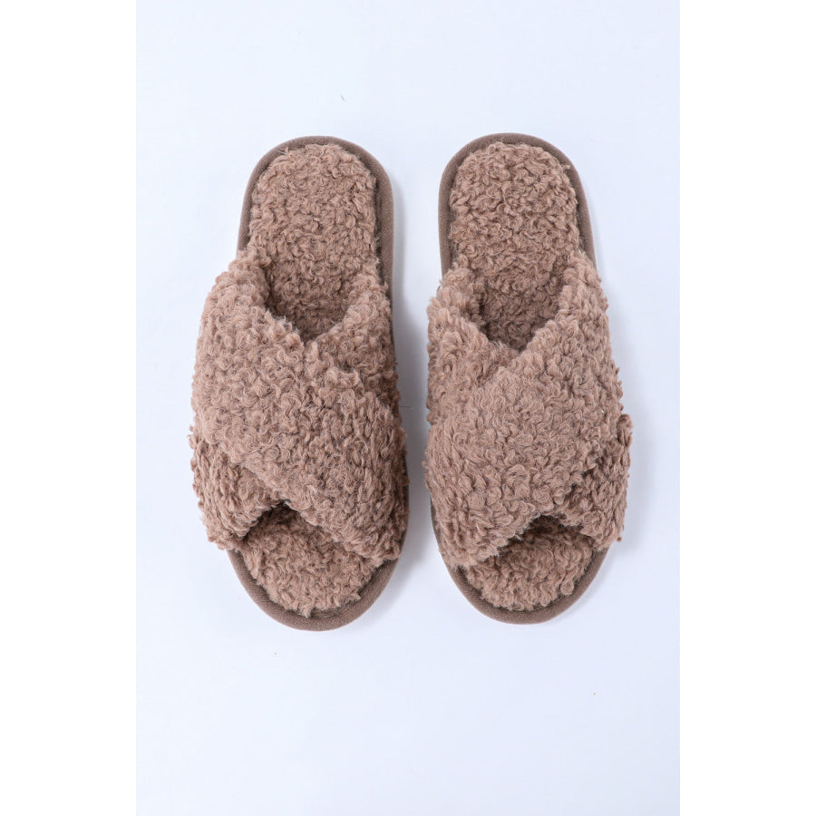 Brown Teddy Fur Cross Straps Home Slippers Shoes &amp; Bags/Slippers