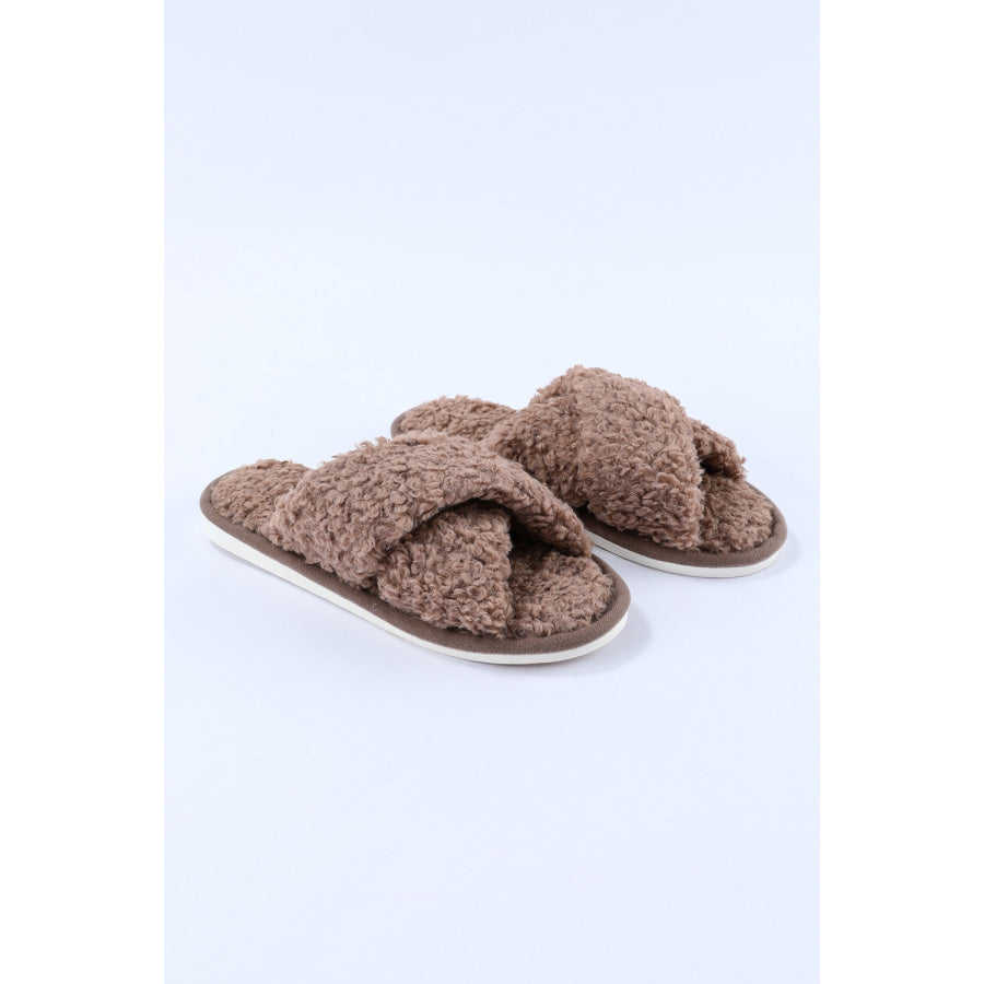 Brown Teddy Fur Cross Straps Home Slippers Shoes &amp; Bags/Slippers