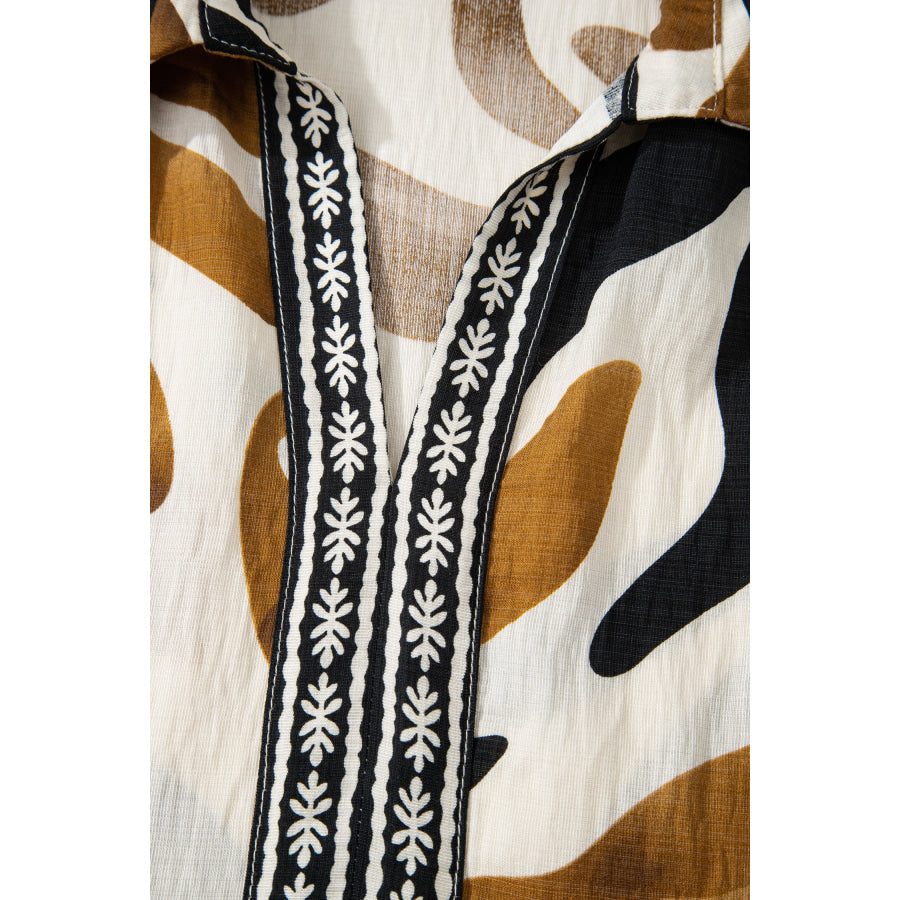 Brown Tropical Printed Contrast Trim Neck Long Sleeve Ruffle Hem Dress Dresses/Maxi Dresses