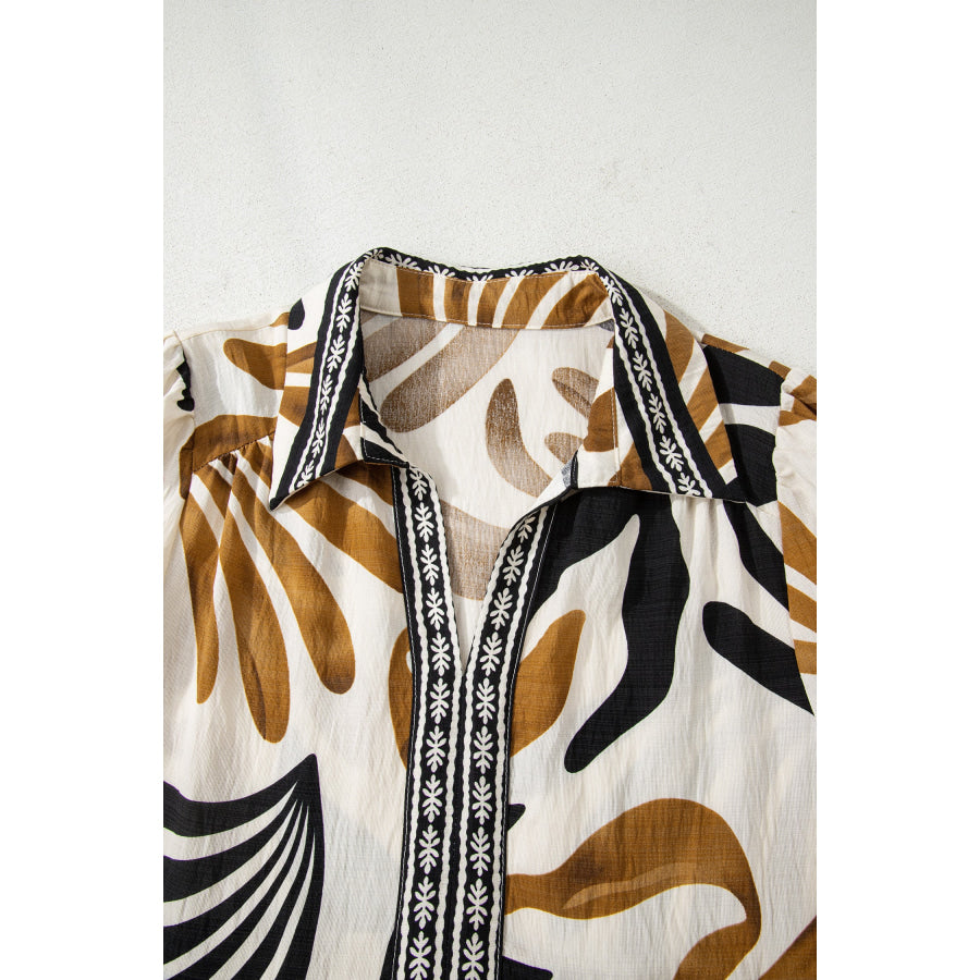 Brown Tropical Printed Contrast Trim Neck Long Sleeve Ruffle Hem Dress Dresses/Maxi Dresses