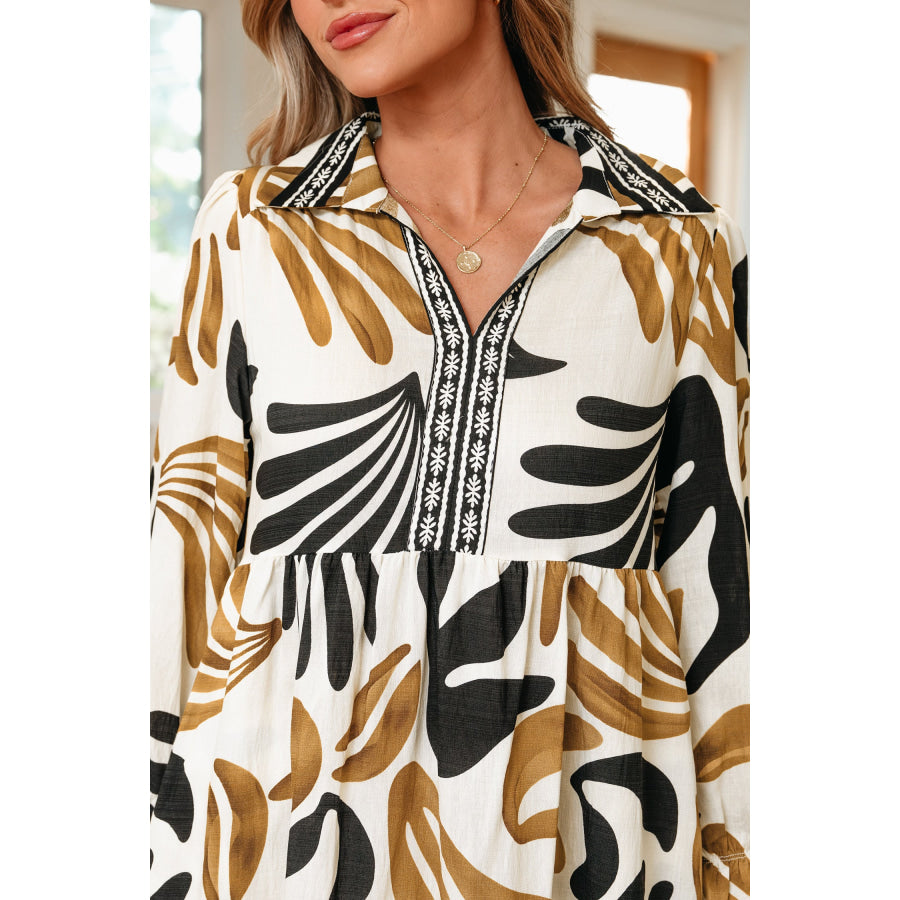 Brown Tropical Printed Contrast Trim Neck Long Sleeve Ruffle Hem Dress Dresses/Maxi Dresses