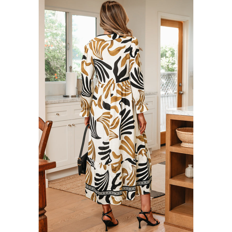 Brown Tropical Printed Contrast Trim Neck Long Sleeve Ruffle Hem Dress Dresses/Maxi Dresses