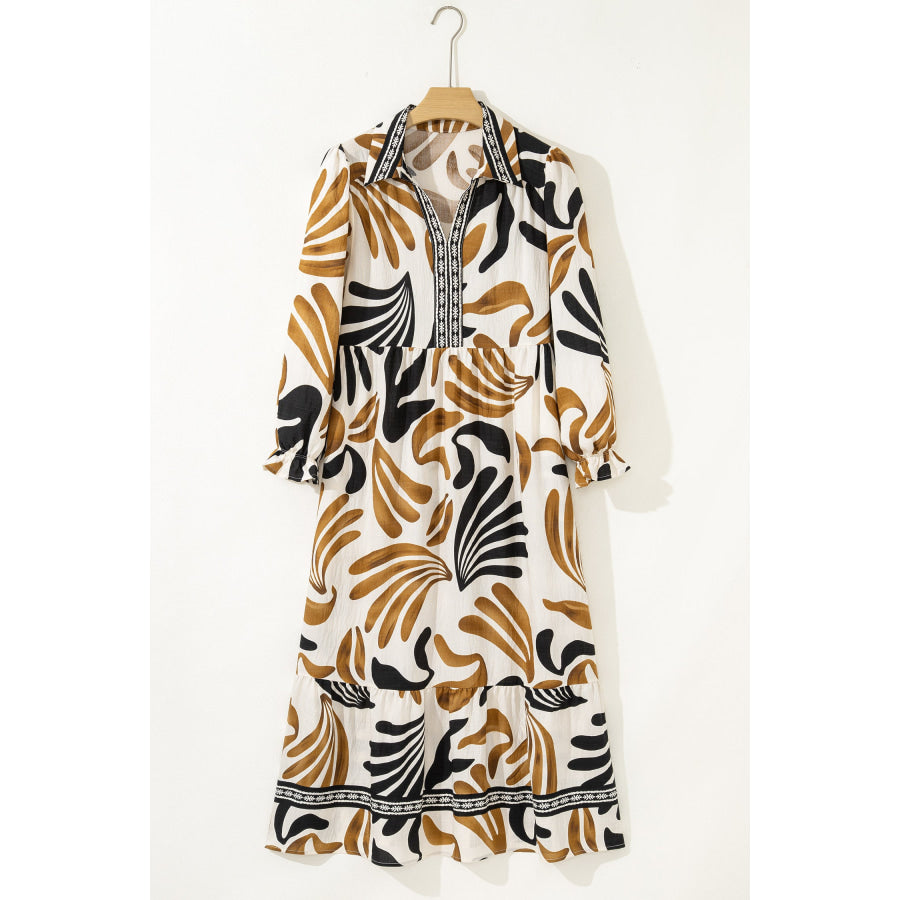 Brown Tropical Printed Contrast Trim Neck Long Sleeve Ruffle Hem Dress Dresses/Maxi Dresses