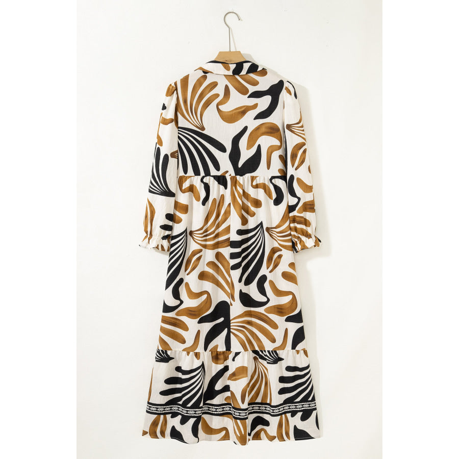 Brown Tropical Printed Contrast Trim Neck Long Sleeve Ruffle Hem Dress Dresses/Maxi Dresses