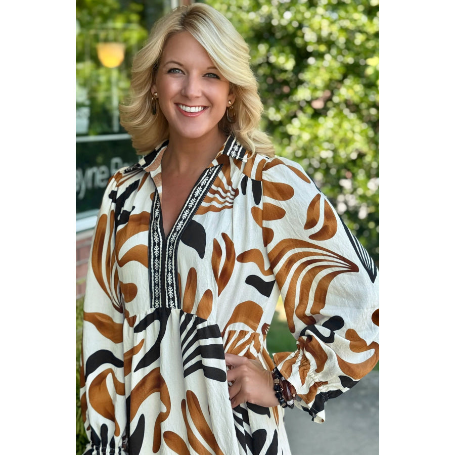 Brown Tropical Printed Contrast Trim Neck Long Sleeve Ruffle Hem Dress Dresses/Maxi Dresses