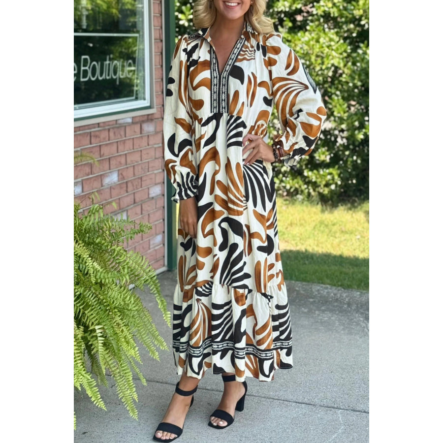 Brown Tropical Printed Contrast Trim Neck Long Sleeve Ruffle Hem Dress Brown / S / 89% Viscose + 11% Polyamide Dresses/Maxi Dresses