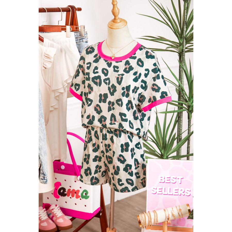 Brown Unique Leopard Print Contrast Trim Top Loose 2pcs Short Set Two Piece Sets/Short Sets