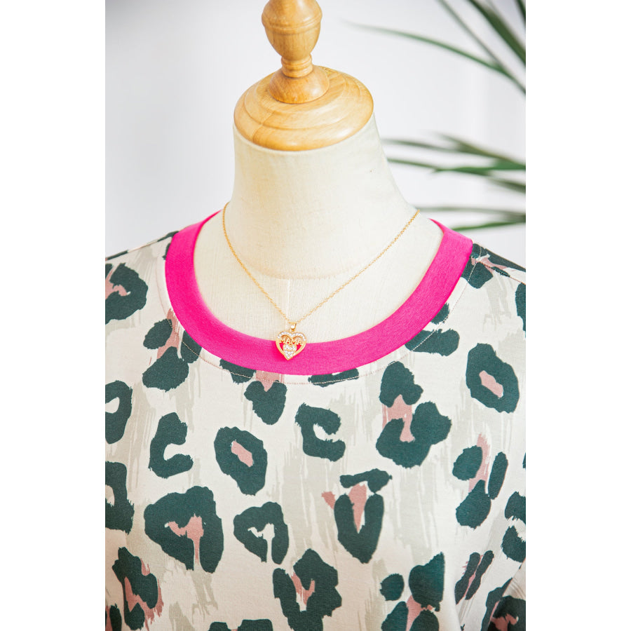Brown Unique Leopard Print Contrast Trim Top Loose 2pcs Short Set Two Piece Sets/Short Sets