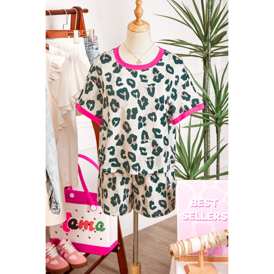 Brown Unique Leopard Print Contrast Trim Top Loose 2pcs Short Set Two Piece Sets/Short Sets