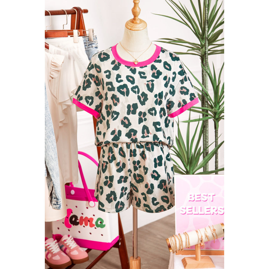 Brown Unique Leopard Print Contrast Trim Top Loose 2pcs Short Set Two Piece Sets/Short Sets