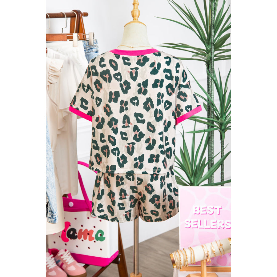 Brown Unique Leopard Print Contrast Trim Top Loose 2pcs Short Set Two Piece Sets/Short Sets