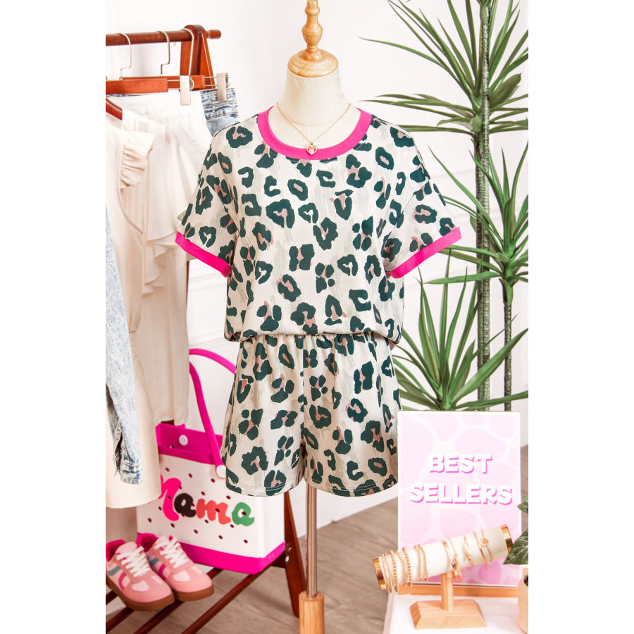 Brown Unique Leopard Print Contrast Trim Top Loose 2pcs Short Set Two Piece Sets/Short Sets