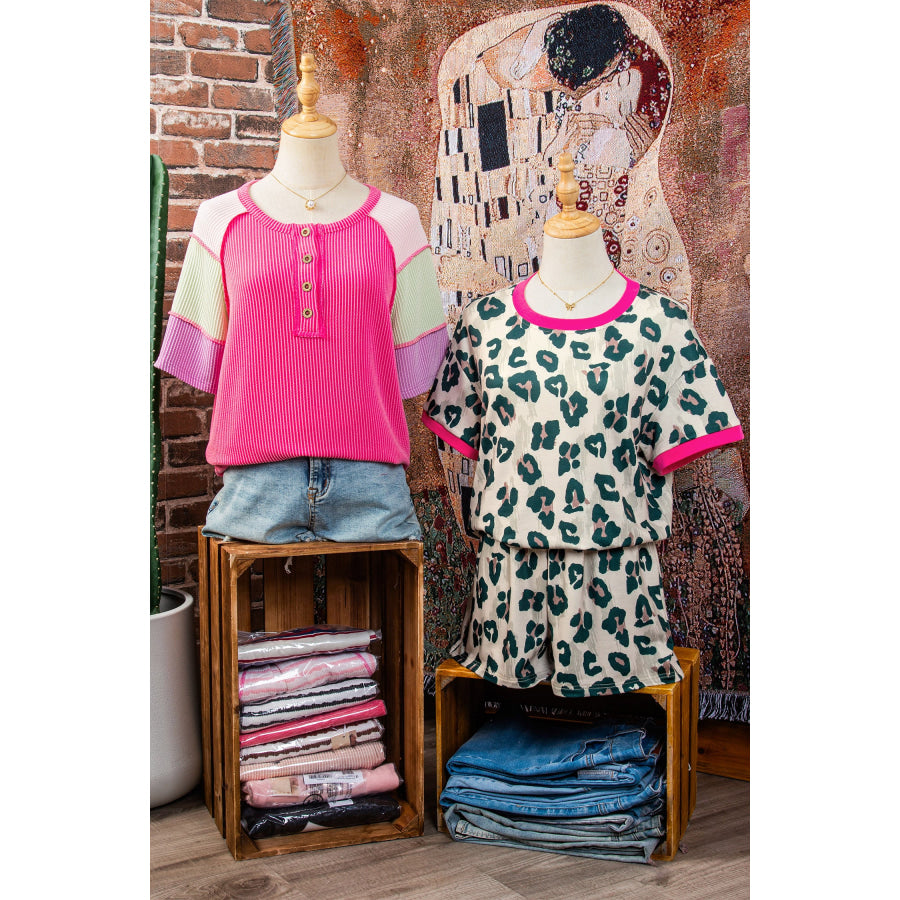 Brown Unique Leopard Print Contrast Trim Top Loose 2pcs Short Set Two Piece Sets/Short Sets