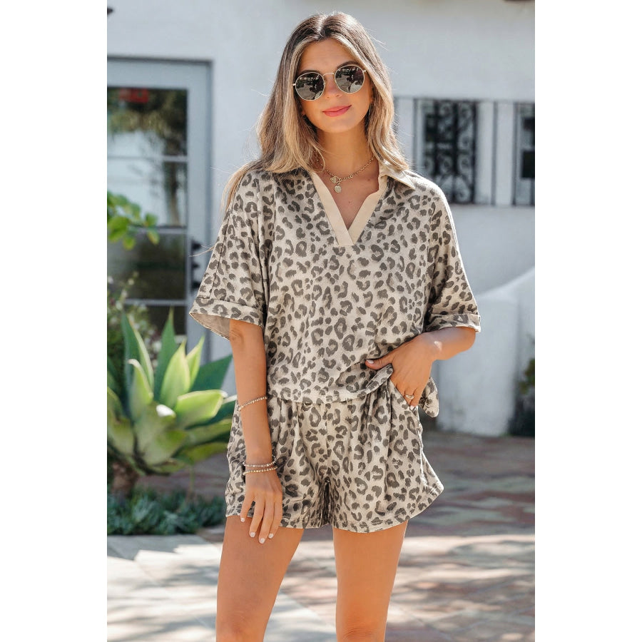 Brown V Neck Collar Leopard Printed 2pcs Short Set Khaki / S / 95% Polyester + 5% Elastane Two Piece Sets/Short Sets