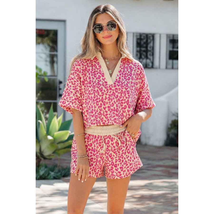 Brown V Neck Collar Leopard Printed 2pcs Short Set Rose / S / 95% Polyester + 5% Elastane Two Piece Sets/Short Sets