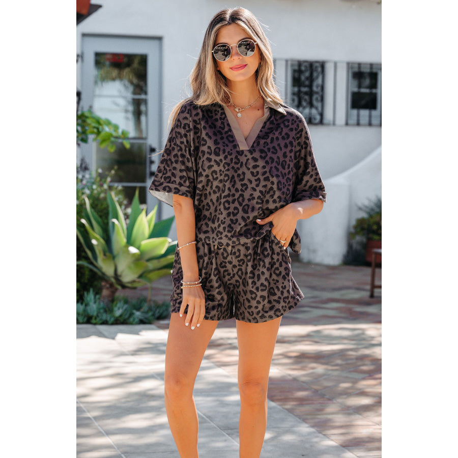Brown V Neck Collar Leopard Printed 2pcs Short Set Brown / S / 95% Polyester + 5% Elastane Two Piece Sets/Short Sets