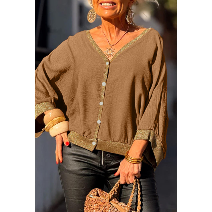 Brown V Neck Glitter Trim Patchwork Button-Front Blouse honey gold / S / 100% Polyester Tops/Blouses & Shirts