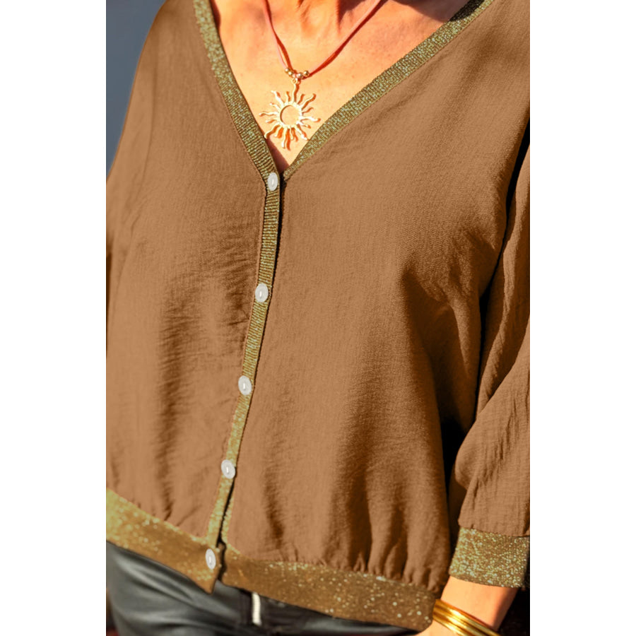 Brown V Neck Glitter Trim Patchwork Button-Front Blouse Tops/Blouses & Shirts