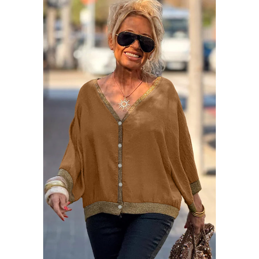 Brown V Neck Glitter Trim Patchwork Button-Front Blouse Tops/Blouses & Shirts