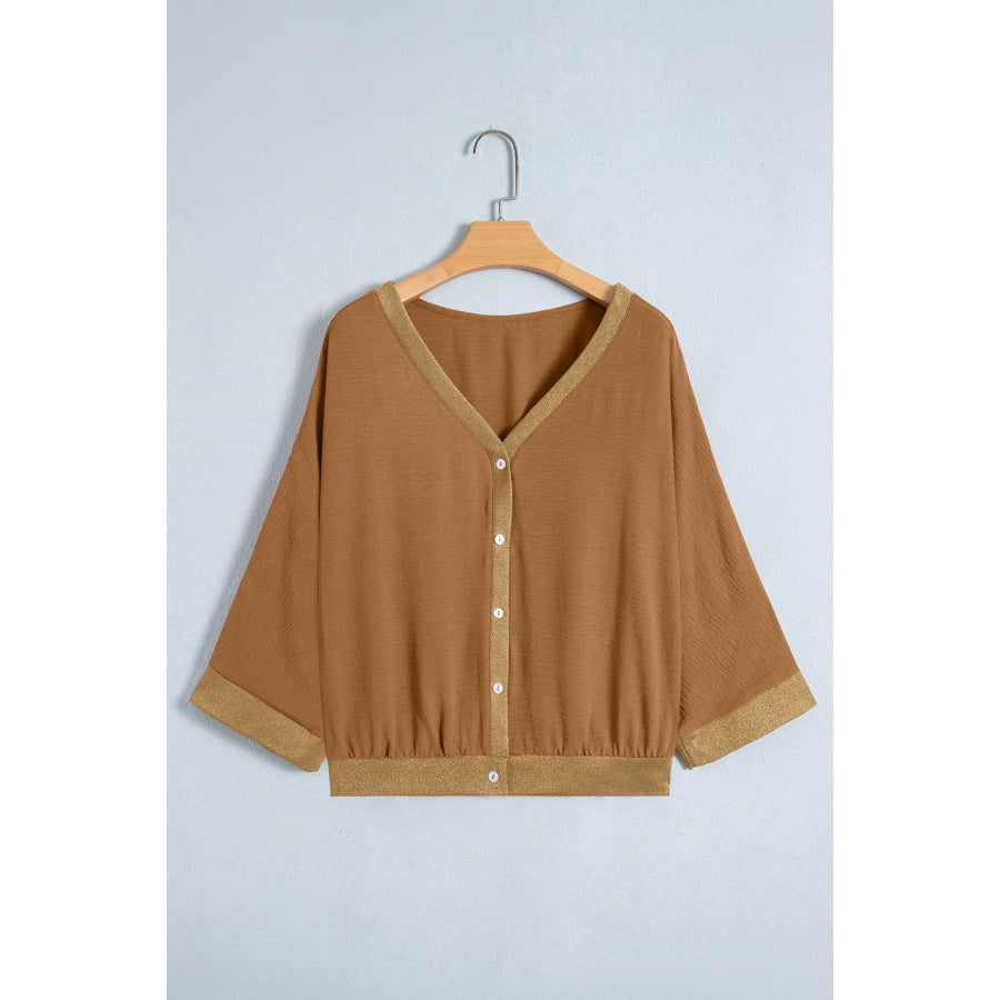 Brown V Neck Glitter Trim Patchwork Button-Front Blouse Tops/Blouses & Shirts
