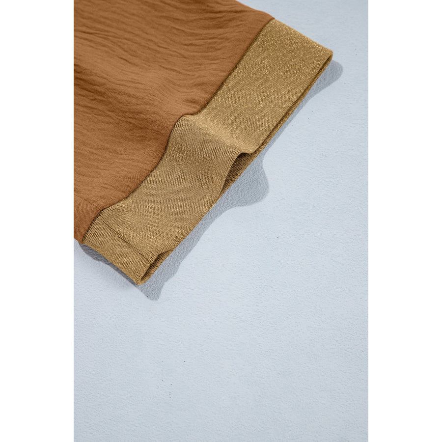 Brown V Neck Glitter Trim Patchwork Button-Front Blouse Tops/Blouses & Shirts