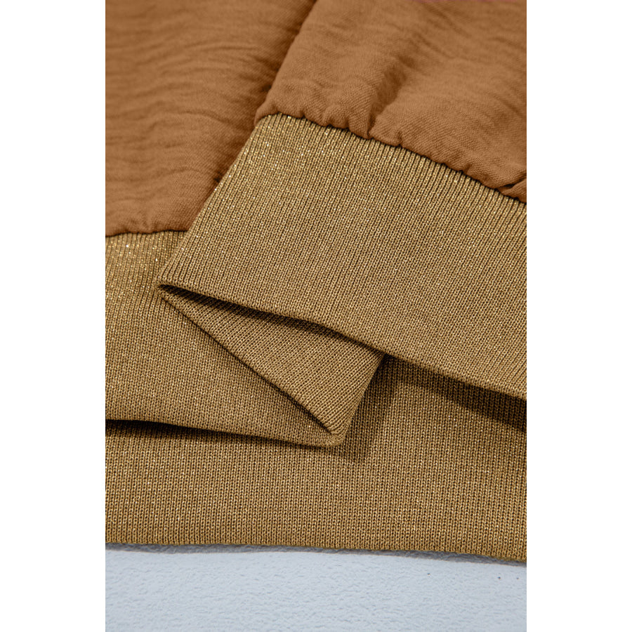 Brown V Neck Glitter Trim Patchwork Button-Front Blouse Tops/Blouses & Shirts