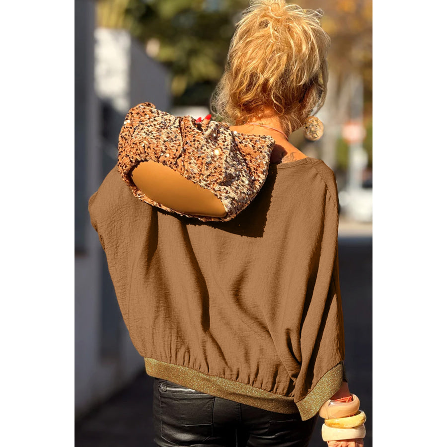 Brown V Neck Glitter Trim Patchwork Button-Front Blouse honey gold / S / 100% Polyester Tops/Blouses & Shirts