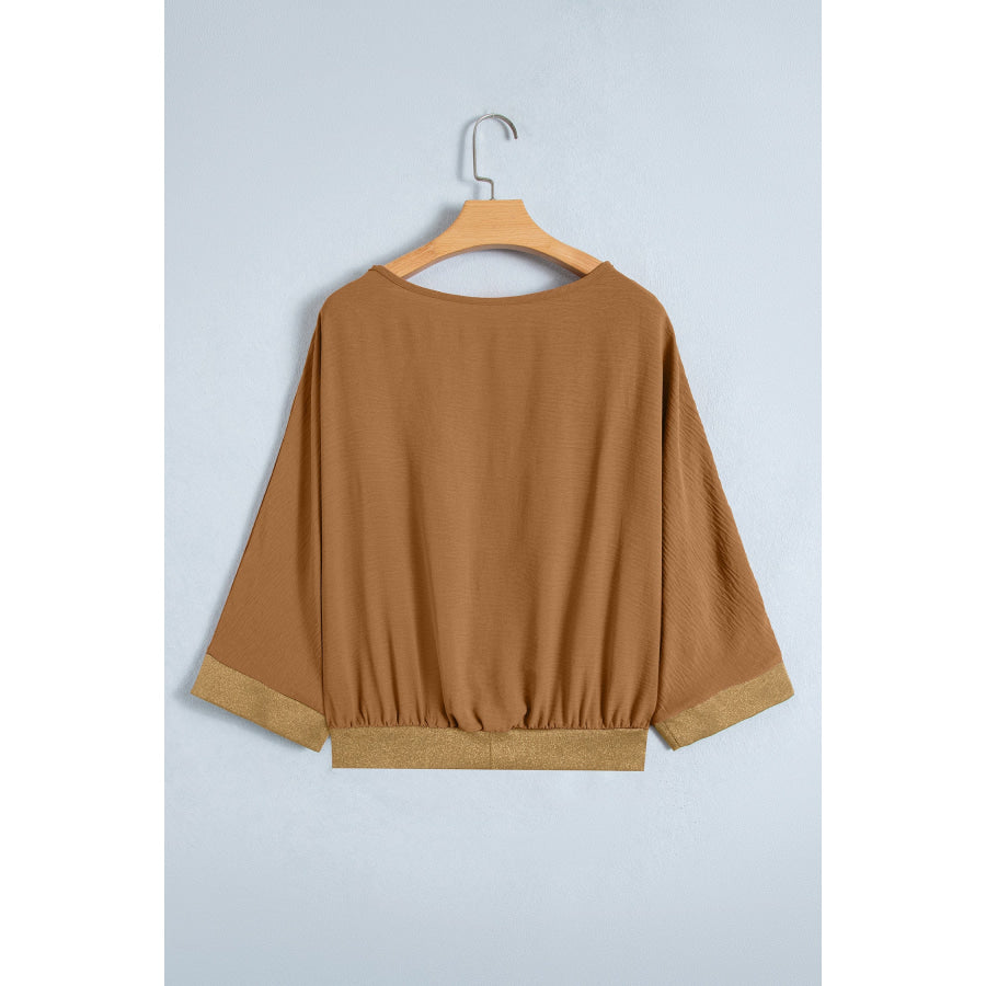 Brown V Neck Glitter Trim Patchwork Button-Front Blouse Tops/Blouses & Shirts