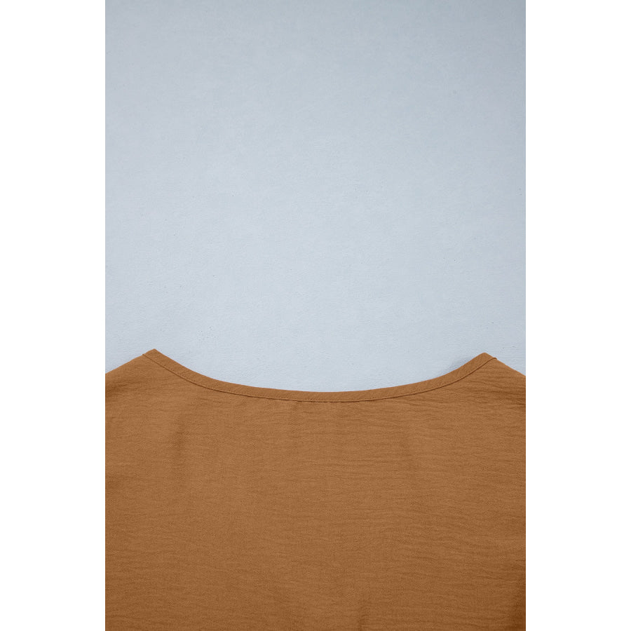 Brown V Neck Glitter Trim Patchwork Button-Front Blouse Tops/Blouses & Shirts