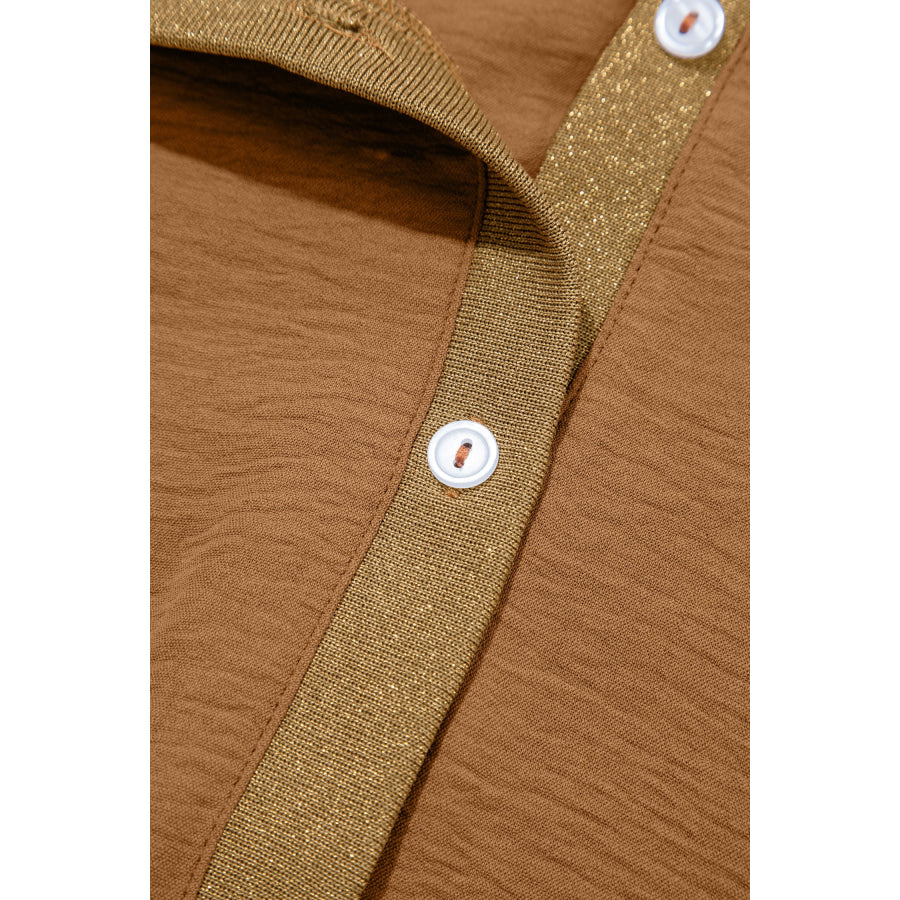 Brown V Neck Glitter Trim Patchwork Button-Front Blouse Tops/Blouses & Shirts
