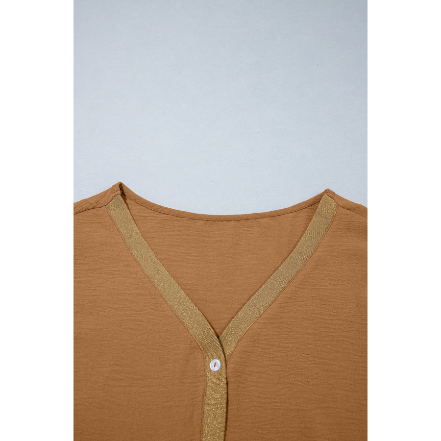 Brown V Neck Glitter Trim Patchwork Button-Front Blouse Tops/Blouses & Shirts