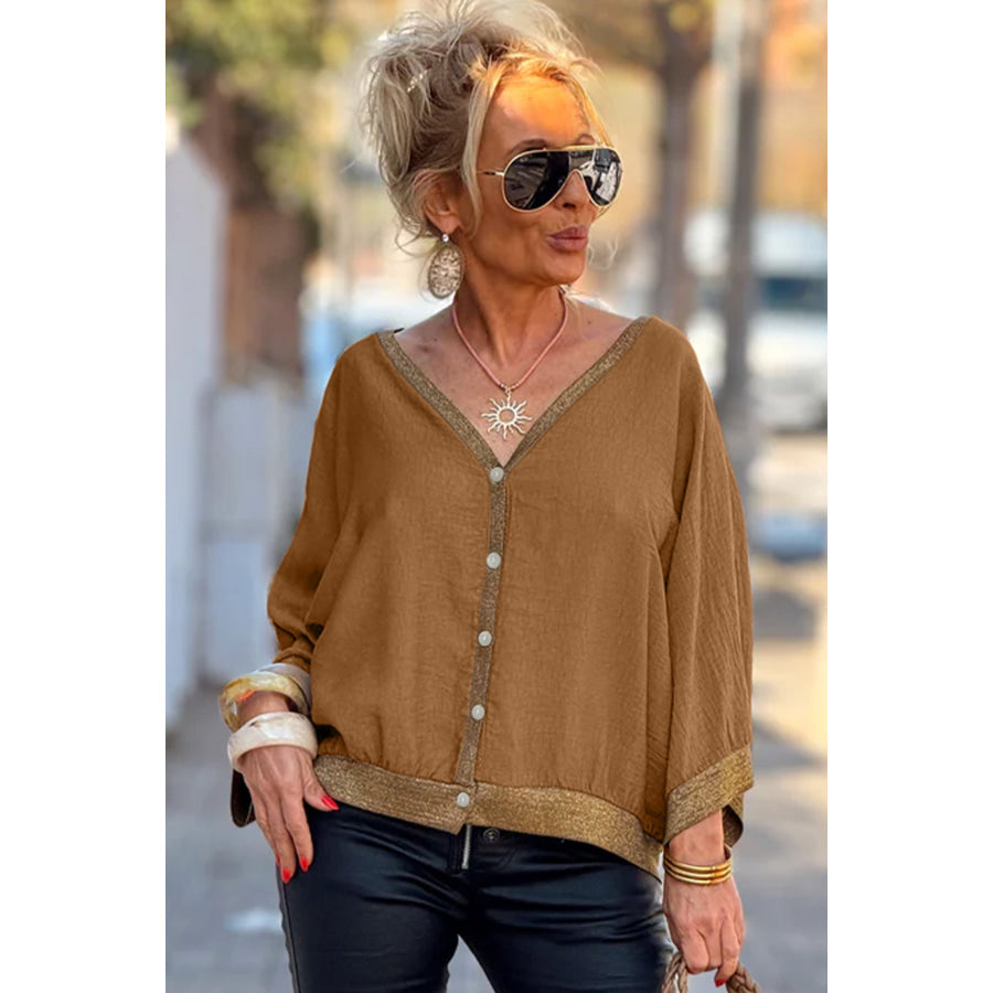 Brown V Neck Glitter Trim Patchwork Button-Front Blouse Tops/Blouses & Shirts