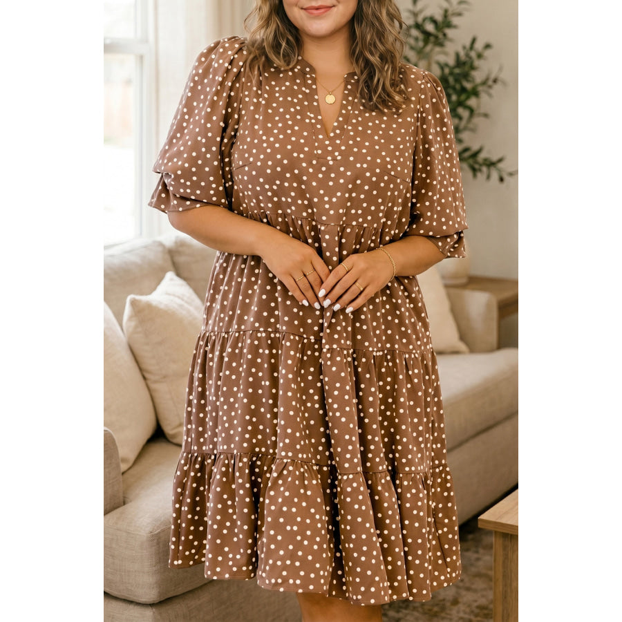 Brown V Neck Polka Dot Long Sleeve Shift Plus Size Dress Brown / 1X Plus Size/Plus Size Dresses/Plus Size Mini Dresses