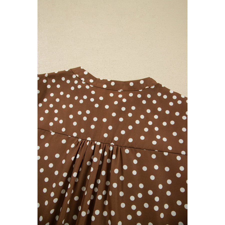 Brown V Neck Polka Dot Long Sleeve Shift Plus Size Dress Plus Size/Plus Size Dresses/Plus Size Mini Dresses