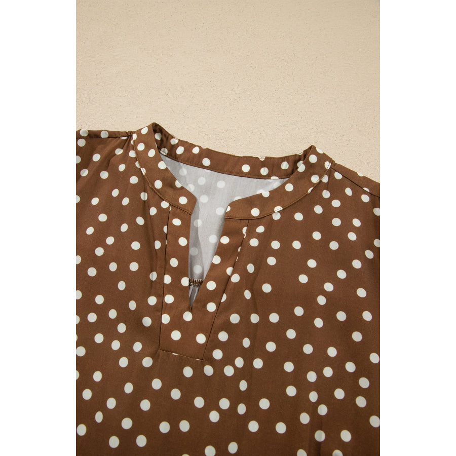 Brown V Neck Polka Dot Long Sleeve Shift Plus Size Dress Plus Size/Plus Size Dresses/Plus Size Mini Dresses