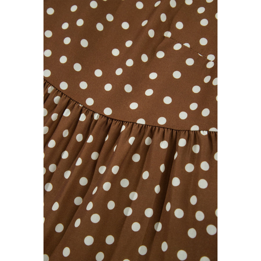 Brown V Neck Polka Dot Long Sleeve Shift Plus Size Dress Plus Size/Plus Size Dresses/Plus Size Mini Dresses