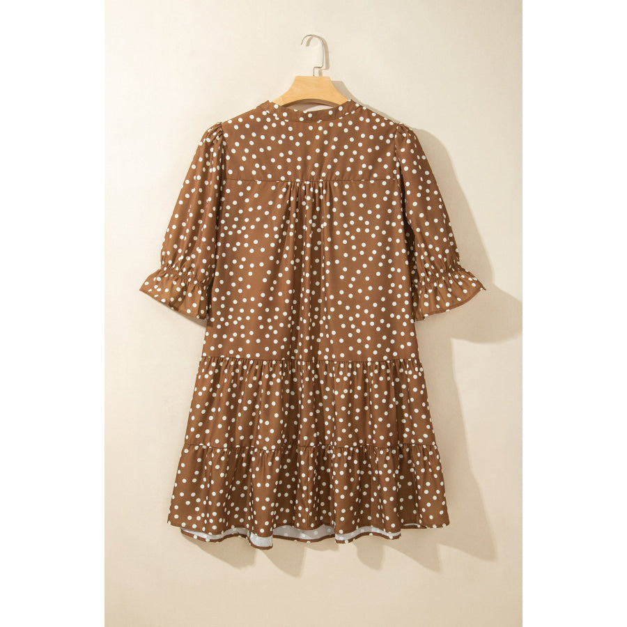 Brown V Neck Polka Dot Long Sleeve Shift Plus Size Dress Plus Size/Plus Size Dresses/Plus Size Mini Dresses